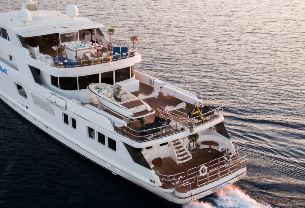 Aerial view of Grace Yacht sailing through Dubai waters